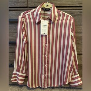 Zara Pink and White/Ecru Striped Satin Women’s Shirt - Small NEW